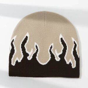 Flame Fire Acrylic Beanie Hat Cap Unisex Beige